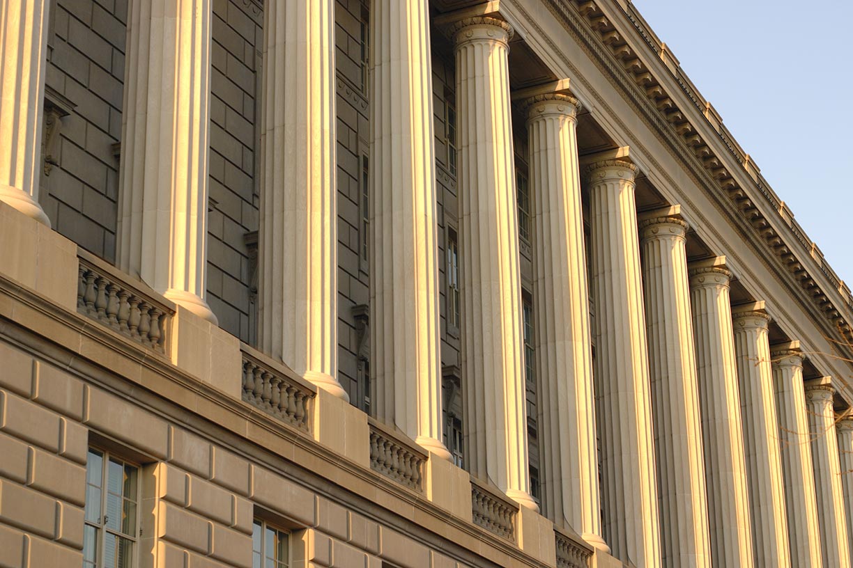 Front facade and columns of the IRS building in Washington DC. 