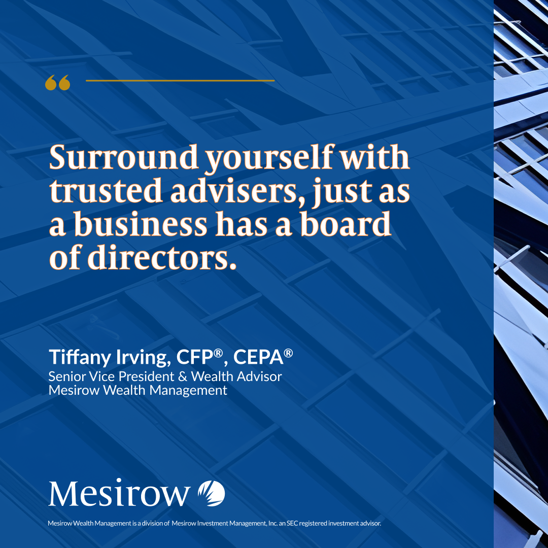 Mesirow Wealth Advisor Tiffany Irving recently appeared on the Connected Advisor Podcast hosted by Kyle Van Pelt — and it’s a must-hear for anyone navigating the intersection of entrepreneurship and wealth strategy. It’s a must-hear for anyone navigating the intersection of entrepreneurship and wealth strategy.